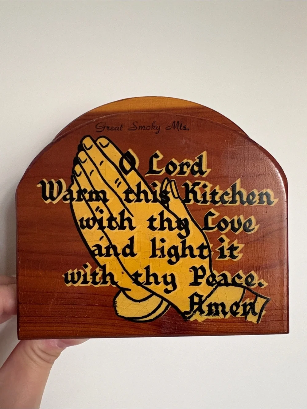 Vintage wooden Napkin Holder - Brown and Yellow Kitchen Prayer